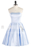 Light Blue Strapless Short Satin Homecoming Dress, Cheap Cocktail Dress with Beading