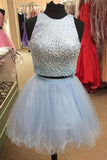 Light Blue Two Piece Homecoming Dress with Beading, Cute Tulle Short Party Dress