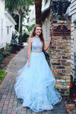 Two Pieces Blue Lace Round Neck Sleeveless A-line For Teens Prom Gown Dresses N1260