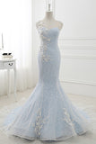 Baby Blue Sweep Train Lace Mermaid Evening Dresses, Formal Dress With Applique N1473