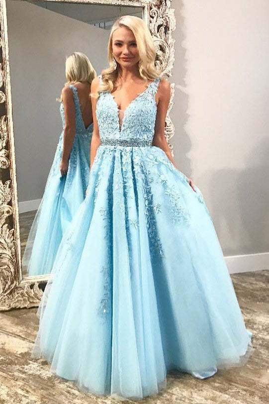 Light Sky Blue V Neck Tulle Prom Dress with Lace Appliques, Long Formal Dress with Beads N1760