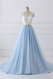 A Line V-neck Lace Appliques Bodice Long Prom Dresses,Elegant Prom Dress with Beads