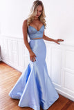 Two Piece Light Blue Mermaid Prom Dress, Simple Spaghetti Strap Satin ...