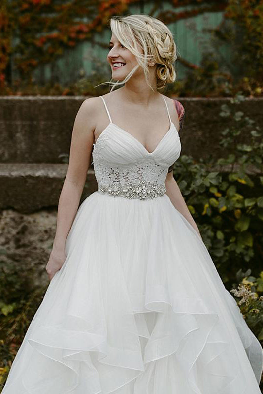 Charming Lace Ruffles Tulle Puffy Spaghetti Strap Wedding Dresses Beach Wedding Dresses N1773
