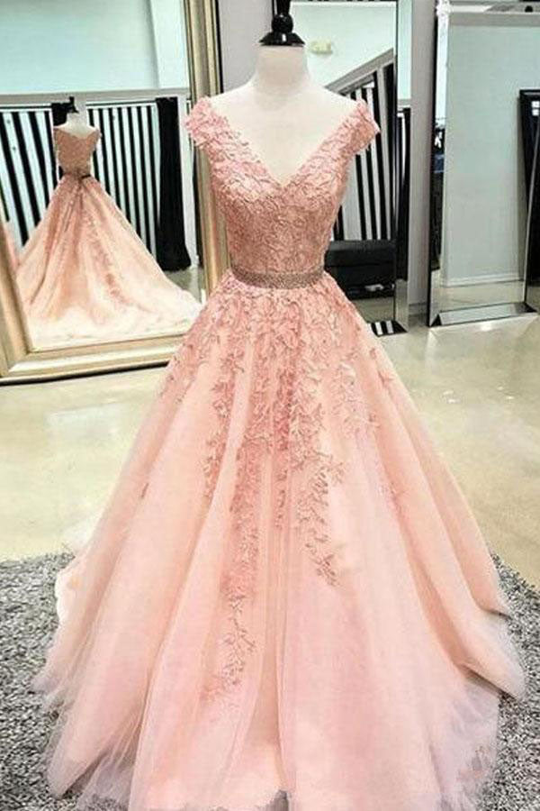 A Line V Neck Prom Dress with Lace Appliques, Cheap Tulle Party Dress with Beading N1591