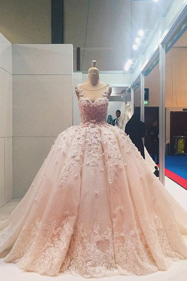 Ball Gown Sleeveless Lace Appliqued Tulle Prom Dresses, Quinceanera Dress Wedding Dress