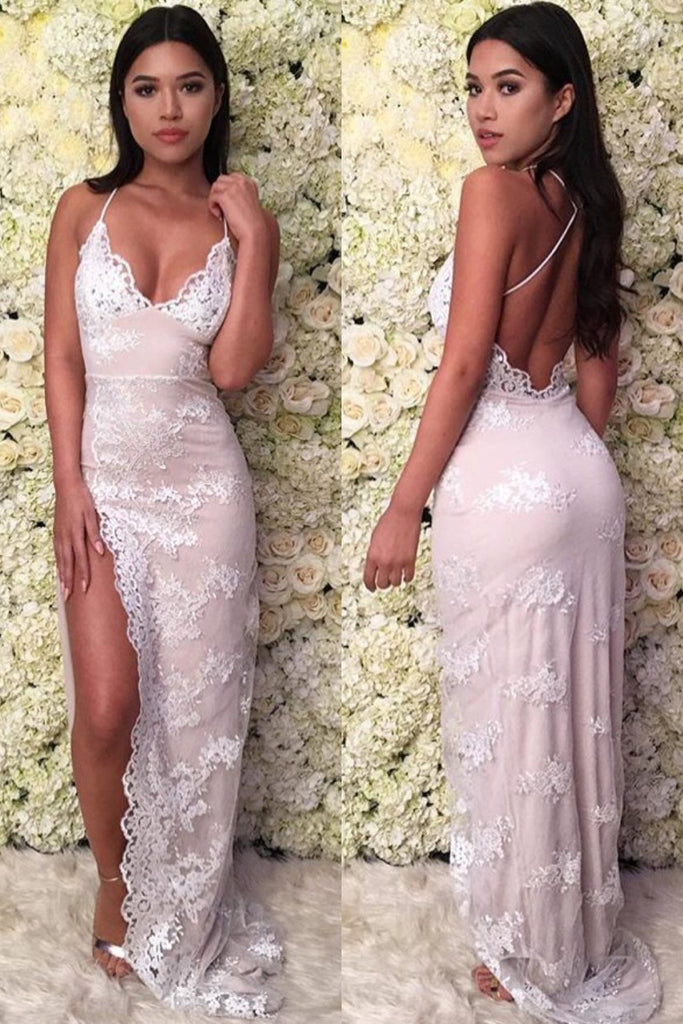 Bodydon Maxi Prom Dress with Side Slit, Long V Neck Party Dresses with Lace Applique N1466