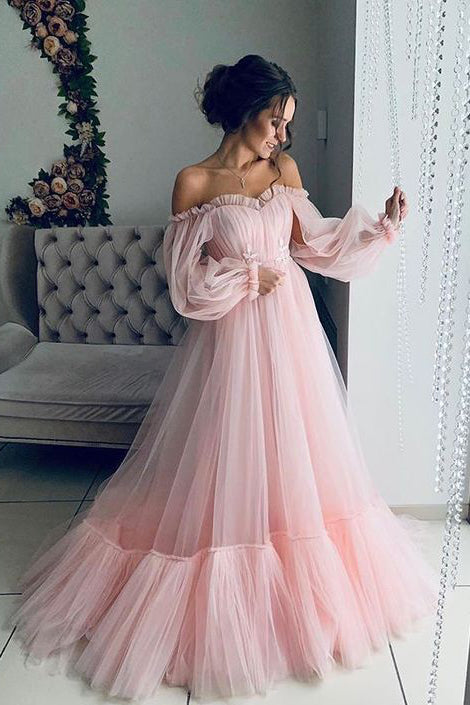 Sweet Off The Shoulder Long Sleeves Bohemian Light Pink Beach Wedding Dresses