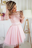 Light Pink Off the Shoulder Long Sleeves Short Homecoming Dresses with Lace Appliques N1842