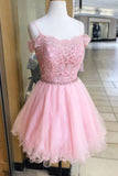 Pink Lace Appliques Tulle Homecoming Dress with Crystals N2117
