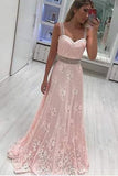 A Line Straps Lace Appliqued Prom Dress with Beads, Light Pink Long Party Dresses