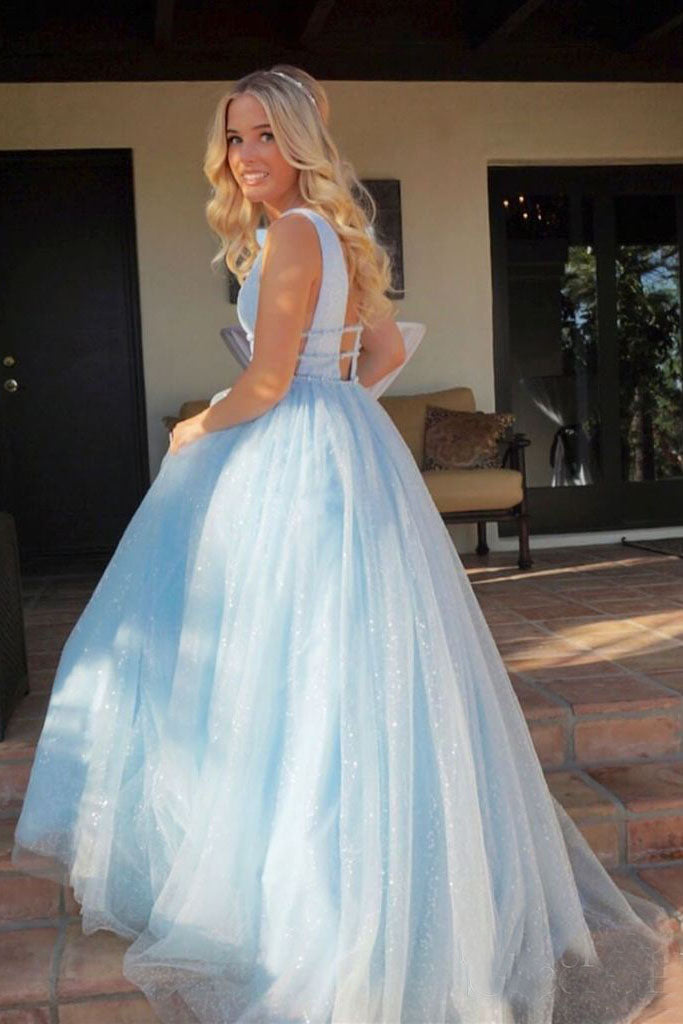 Light Sky Blue Sparkly Prom Dress with Beading, Charming Sleeveless V Neck Formal Dress N1500