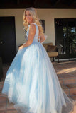 Light Sky Blue Sparkly Prom Dress with Beading, Charming Sleeveless V Neck Formal Dress N1500
