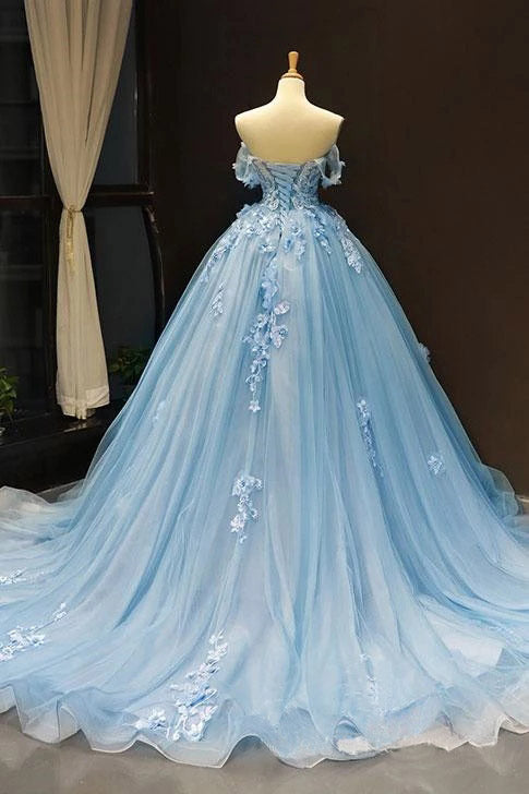 Light Sky Blue Off the Shoulder Ball Gown Tulle Prom Dresses with Applique N2106