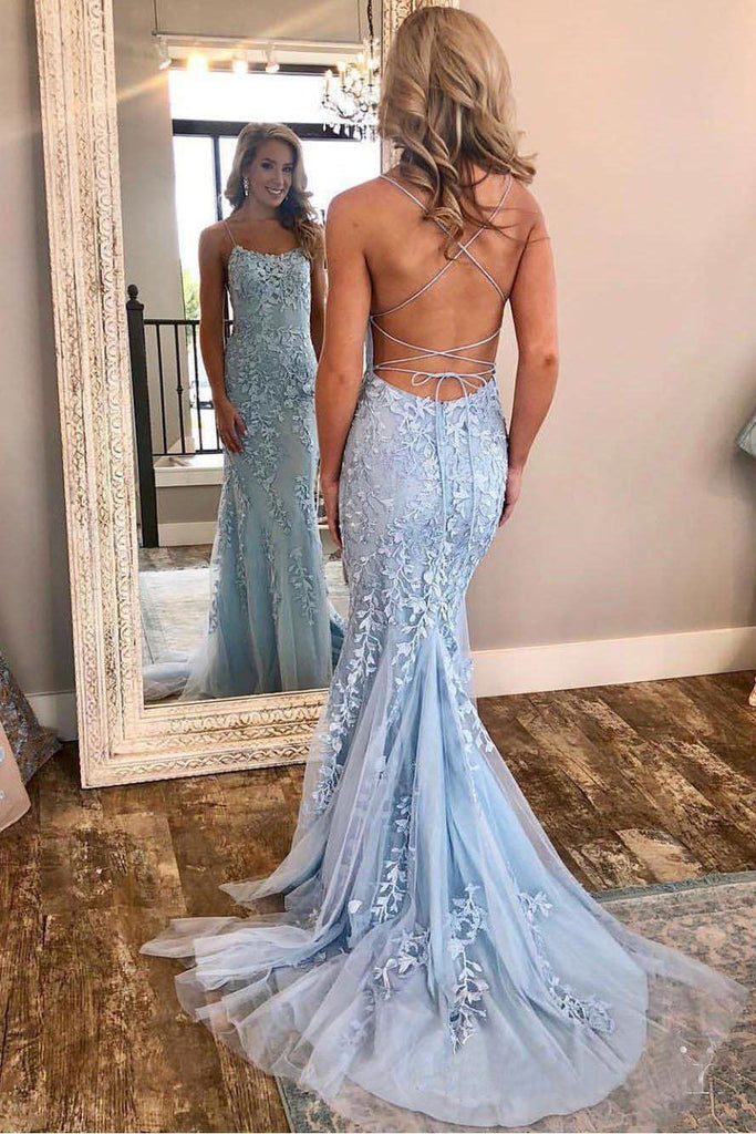 Spaghetti Strap Light Sky Blue Mermaid Prom Dresses Backless Formal Dress N1343