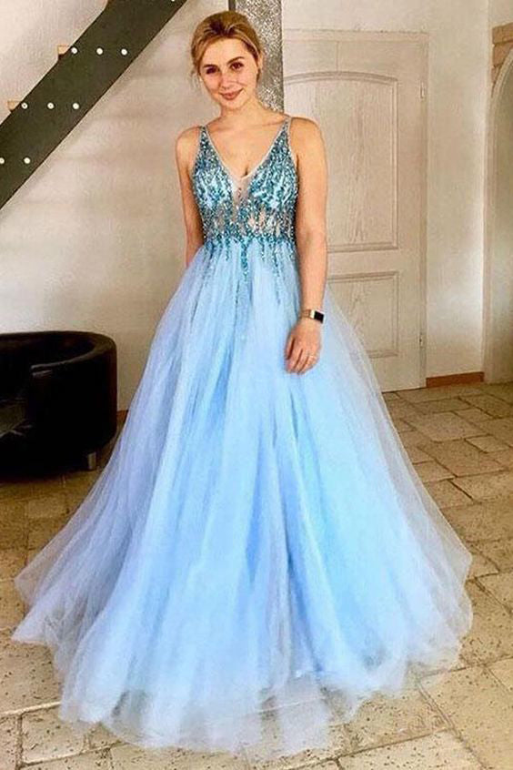 A-Line V-Neck Tulle Prom Dress with Sequins, Light Sky Blue Sparkly Party Dresses N1412