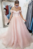 Light Pink Off The Shoulder A-Line Party Dress Long Tulle Prom Evening Dress
