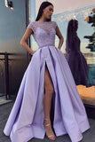 A Line Cap Sleeves Satin Prom Dress, Satin Graduation School Party Gown with Side Split N1455