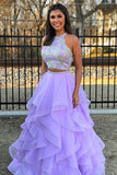 Two Pieces A-Line Lace Top Open Back Organza Sleeveless Prom Dresses, Evening Dress N1271