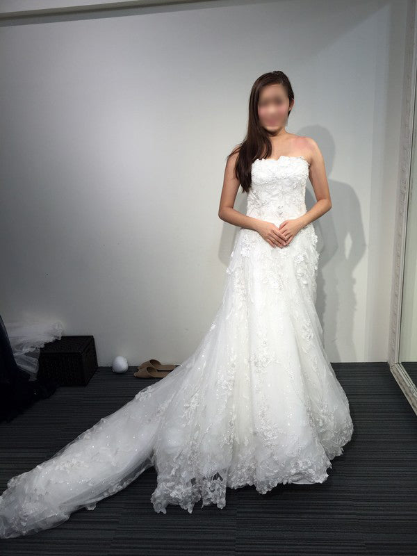 A Line Princess Strapless Open Back Lace Beach Wedding Dresses Court Train Bridal Dresses N407