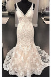 Luxurious V-Neck Sleeveless Mermaid Long Lace Wedding Dresses Sweep Train Bridal Dresses N835
