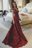 A Line V Neck Sleeveless Appliques Prom Dresses, Dark Red Popular Evening Dresses N1273