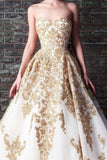 Floor Length Sweetheart Tulle Prom Dress with Gold Lace Appliques, Long Wedding Dress N1454