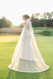 Alencon Lace Edge Cathedral Tulle Ivory Wedding Veil, Simple Long Bridal Veil