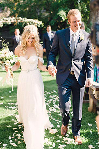 Boho Off the Shoulder Chiffon Bridal Dress with Beading Belt, Flowy Wedding Dress N1290