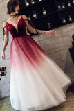 Ombre Long Tulle Prom Dress, Unique V Neck Sleeveless Party Dresses, Dance Dress N1598