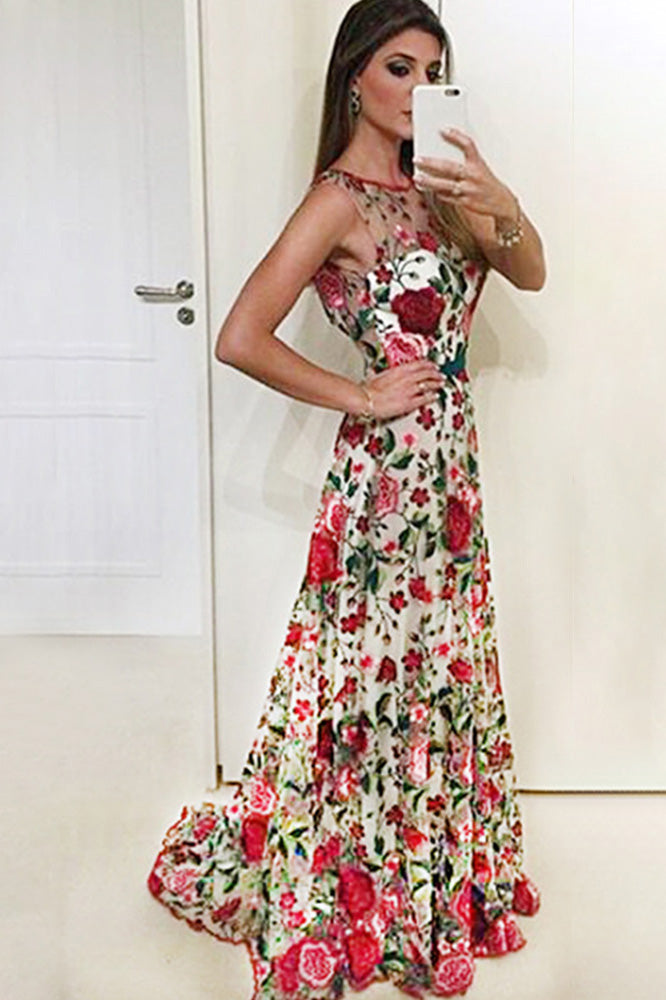A Line Sleeveless Prom Dress with Embroidery, Long Evening Dresses with Red Flowers N1408