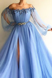 Elegant Blue Long Sleeves Off the Shoulder Beaded Crystal Split Prom Dresses N1277