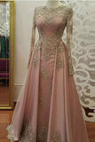 Floor Length Long Sleeves Prom Dress with Gold Appliques, Beaded Evening Dresses