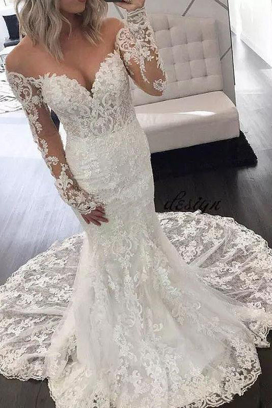 Illusion Long Sleeve Lace Mermaid Wedding Dresses Gorgeous Long Bridal Dresses N1778