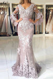 Charming V Neck Long Prom Dress, Mermaid Lace Appliqued Evening Dress with Sleeves N2025