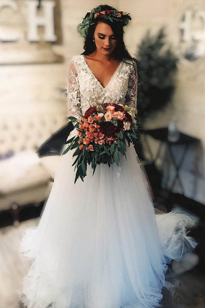 Long Sleeve Lace Tulle Boho Wedding Dresses Rustic Bridal Dresses Beach Wedding Dresses N1344