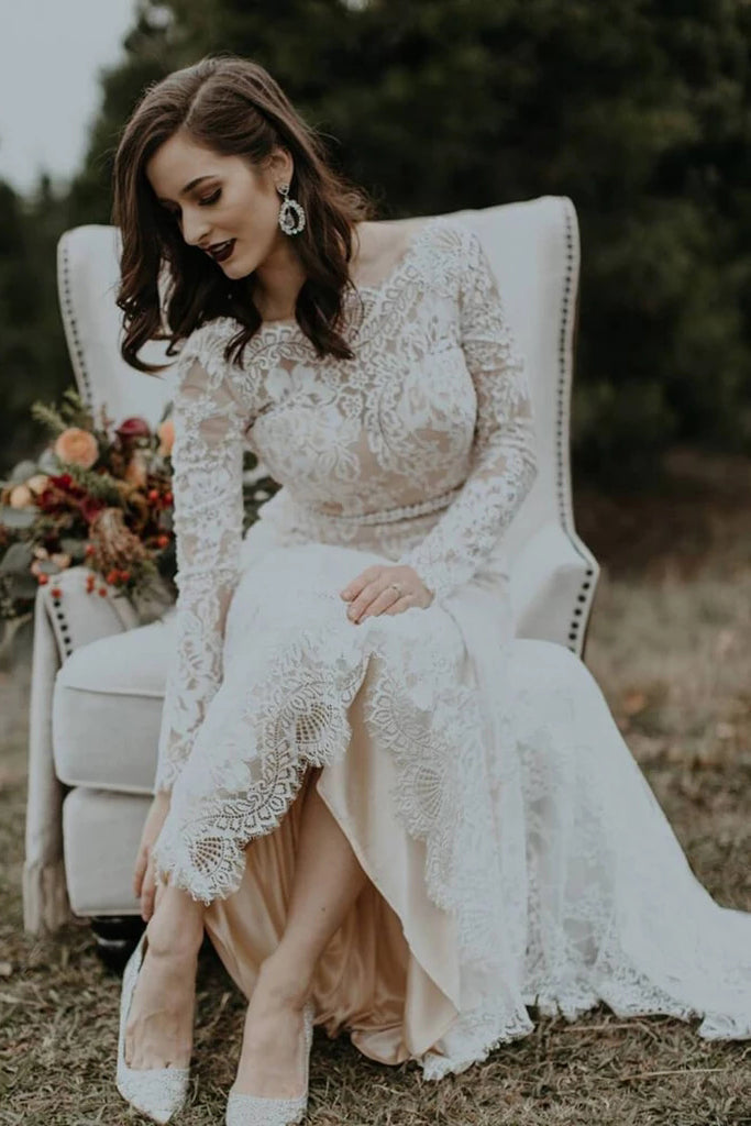 Vintage Long Sleeves Lace Wedding Dresses Backless Rustic Lace Wedding Dresses N2262