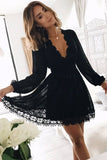Black Deep V Neck Long Sleeves Lace Homecoming Dress, Black Short Prom Gown