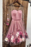 A Line V-Neck Hand-Made Flower Homecoming Dresses Unique Short Long Sleeve Prom Dresses N1841