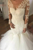 Mermaid Wedding Dress with Long Sleeves, V Neck Long Bridal Dress with Lace Appliques N1436