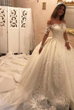 Luxury Off the Shoulder Long Sleeve Ball Gown Chapel Train Appliques Wedding Dress,N619