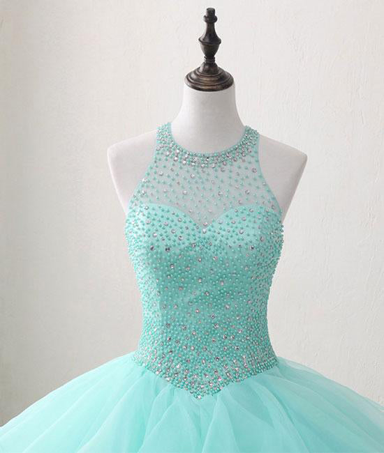 Mint Floor-length Jewel Sleeveless Ball Gown Beading Tulle Prom Dresses Quinceanera Dresses N403
