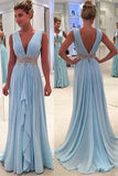 Sky Blue A Line Deep V Neck Sleeveless V Back Beading Pleats Chiffon Long Prom Dress,N417