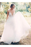 Deep V-Neck Beading Straps Tulle Appliqued Beach Wedding Dress