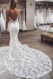 Vintage Spaghetti Strap Mermaid Lace Appliques Wedding Dress, Boho Bridal Dresses N1501