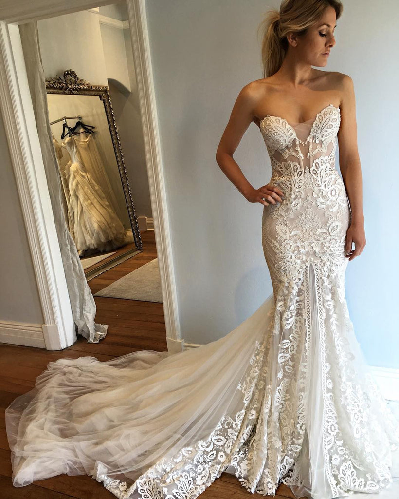 Strapless Mermaid Court Train Sweetheart Wedding Dress with Lace Appliques N530
