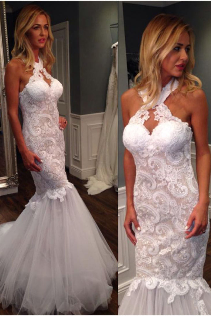 Mermaid Halter Sleeveless Tulle Wedding Dress with Lace Appliques,Long Bridal Dresses