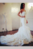 Luxury Mermaid Sweetheart Organza Chapel Train Tiered Sleeveless Wedding Dresses,N520