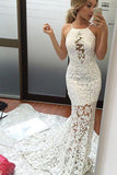 Charming Mermaid Lace Wedding Dresses Brush Train Sexy Ivory Bridal Dresses Lace Prom Gown N895