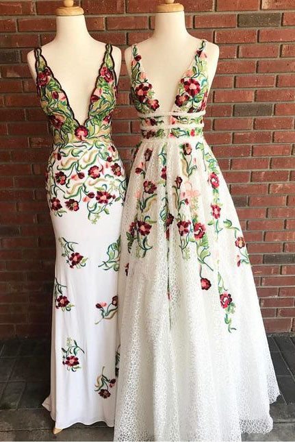 Cheap V Neck Prom Dresses with Sleeveless, Floor Length Formal Dress with Appliques N1555